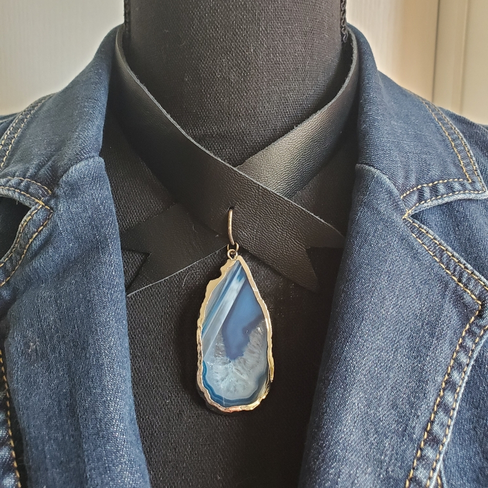 NEW💙BLUE💙 NATURAL STONE BLACK LEATHER NECKLACE